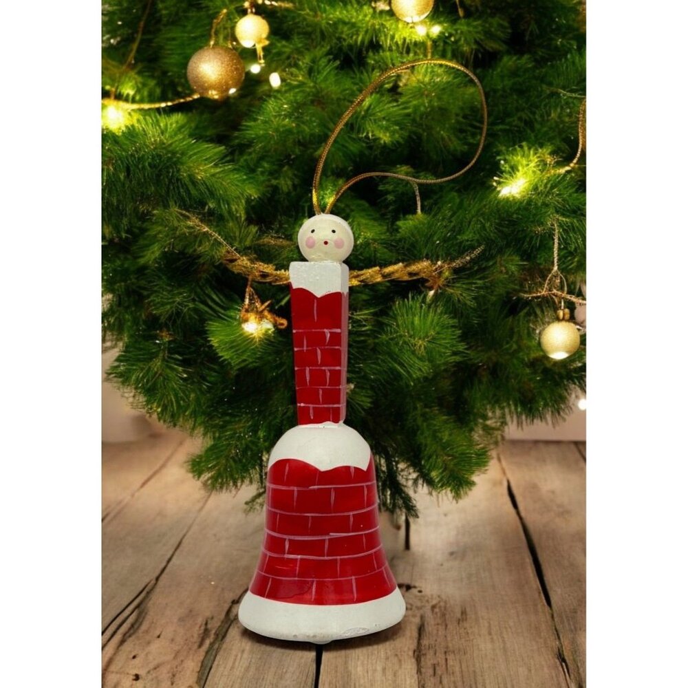 Santa Claus Stuck In Chimney Christmas Bell Ornament Vintage Wooden